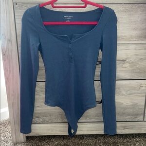 American Eagle Outfitters Ribbed Long-Sleeve Bodysuit - Slate Blue
